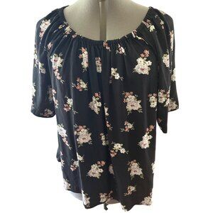 Loft Black Floral On/Off-Shoulder Top Size M Short Sleeves Lightweight Viscose